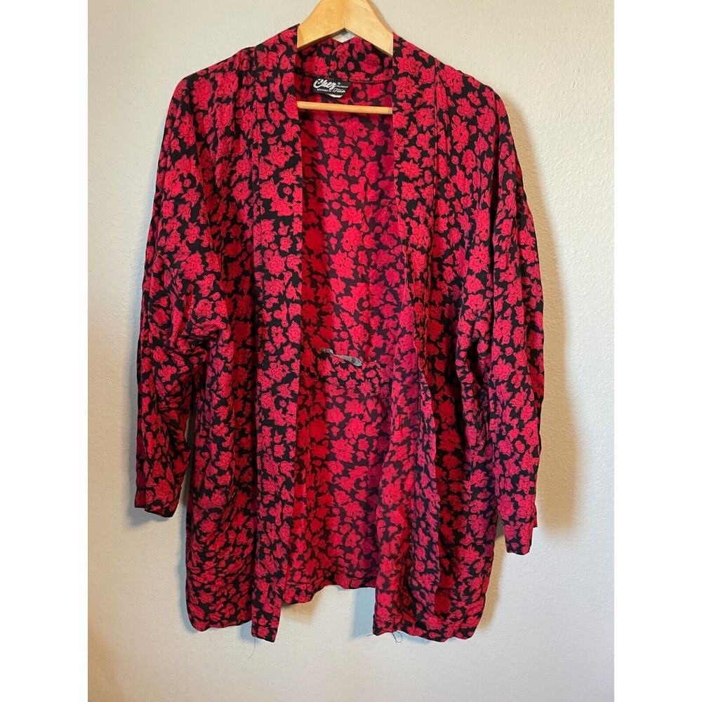 Vintage Chez California Womens Kimono Size 14W Red Black Floral Rayon Whimsigoth
